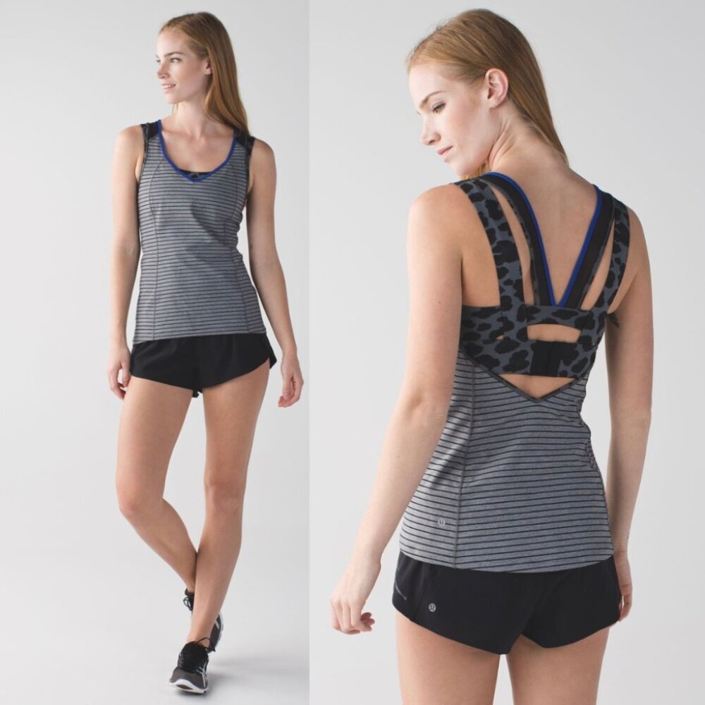 Lululemon Super‎ Sport Tank Gray Black Blue Size 6 Luxtreme Built In Sports Bra
